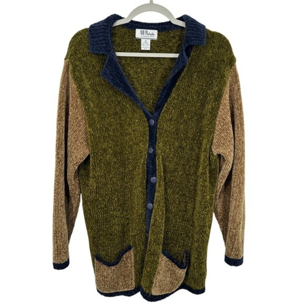 All Points Colorblock Chenille Cardigan Sweater Navy Blue Olive Brown Eclectic